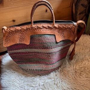 Handwoven Multicolor Straw Tote with Brown Leather Trim